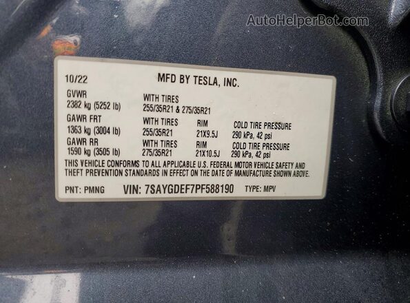 7SAYGDEF7PF588190 2023 TESLA MODEL Gray Widok naklejki z numerem VIN