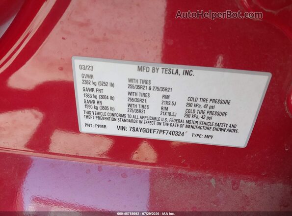 7SAYGDEF7PF740324 2023 TESLA MODEL Y Red Вид підкапотного простору