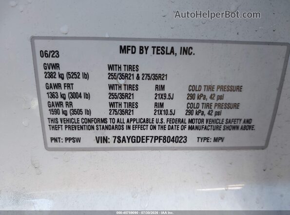 7SAYGDEF7PF804023 2023 TESLA MODEL Y White Вид підкапотного простору