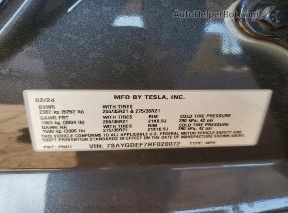 7SAYGDEF7RF020072 2024 TESLA MODEL Charcoal VIN կոդի պիտակի տեսք