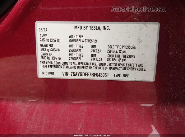7SAYGDEF7RF043061 2024 TESLA MODEL Y Red Vista del compartimento del motor