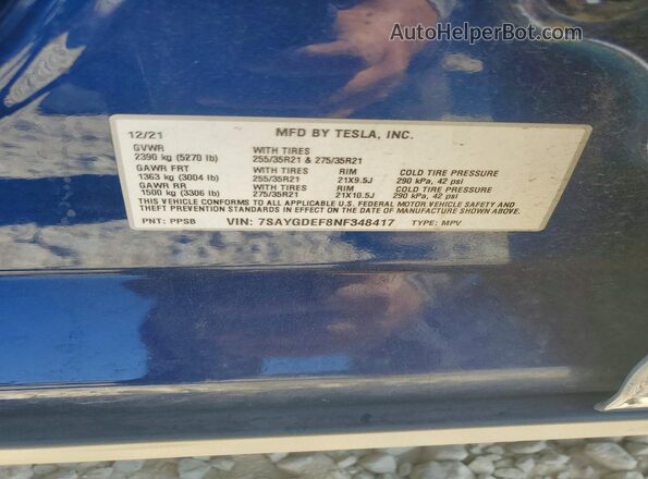 7SAYGDEF8NF348417 2022 TESLA MODEL Blue Widok naklejki z numerem VIN