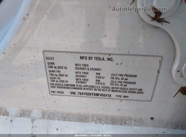 7SAYGDEF8NF455418 2022 TESLA MODEL Y White Vista del compartimento del motor