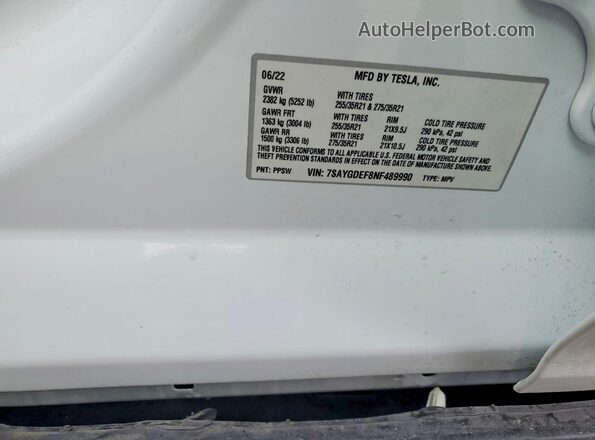7SAYGDEF8NF489990 2022 TESLA MODEL White VIN კოდის სტიკერის ხედი