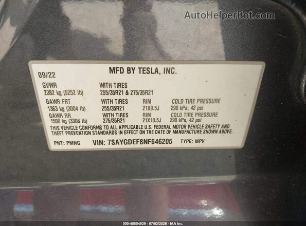 7SAYGDEF8NF546205 2022 TESLA MODEL Y Gray Vista del compartimento del motor