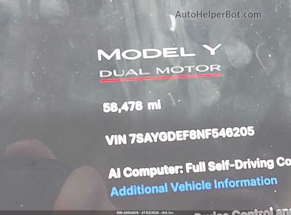 7SAYGDEF8NF546205 2022 TESLA MODEL Y Gray 