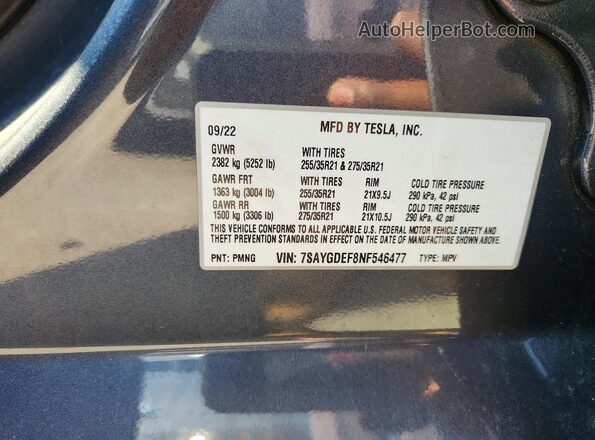 7SAYGDEF8NF546477 2022 TESLA MODEL Gray Вид наклейки з VIN-кодом