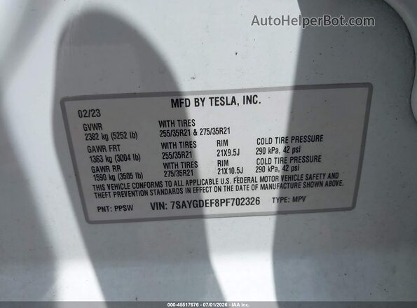 7SAYGDEF8PF702326 2023 TESLA MODEL Y White Շարժիչի բաժամունքի տեսք