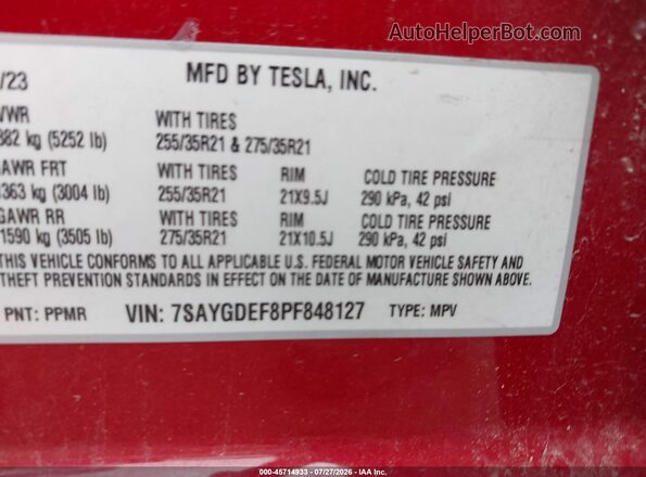 7SAYGDEF8PF848127 2023 TESLA MODEL Y Red ძრავის განყოფილების ხედი