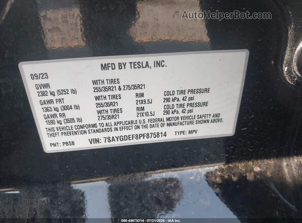 7SAYGDEF8PF875814 2023 TESLA MODEL Y Black ძრავის განყოფილების ხედი