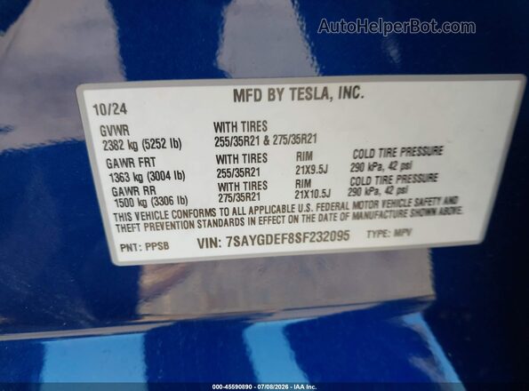 7SAYGDEF8SF232095 2025 TESLA MODEL Y Синий Вид подкапотного пространства