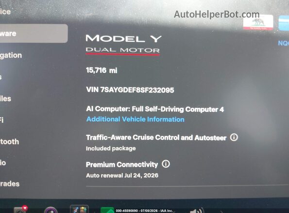 7SAYGDEF8SF232095 2025 TESLA MODEL Y Синий Панорамный вид салона 360°