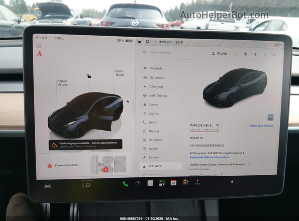 7SAYGDEF8SF265212 2025 TESLA MODEL Y Gray უკანა სავარძლების ხედი