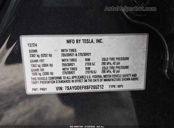 7SAYGDEF8SF265212 2025 TESLA MODEL Y Gray ძრავის განყოფილების ხედი