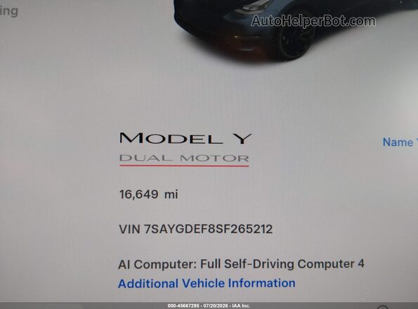 7SAYGDEF8SF265212 2025 TESLA MODEL Y Gray 