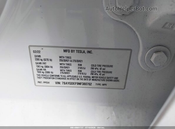 7SAYGDEF9NF380762 2022 TESLA MODEL Y White ძრავის განყოფილების ხედი