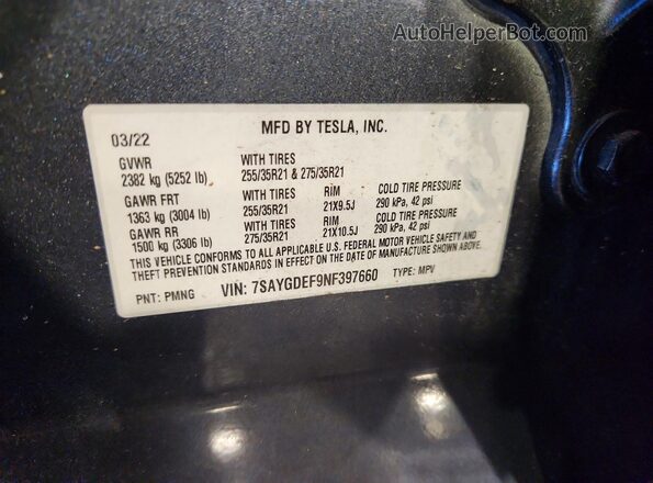 7SAYGDEF9NF397660 2022 TESLA MODEL Charcoal სალონის 360-გრადუსიანი ხედი