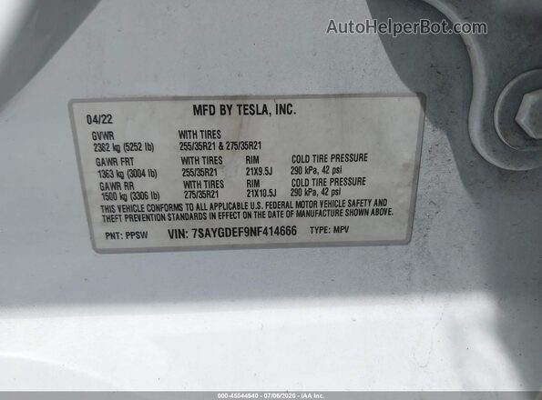 7SAYGDEF9NF414666 2022 TESLA MODEL Y White Widok komory silnika