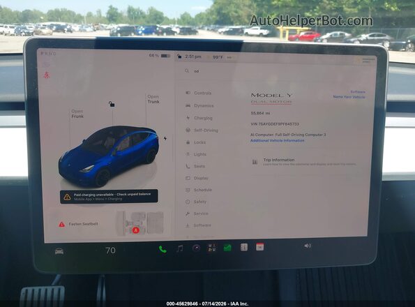 7SAYGDEF9PF645733 2023 TESLA MODEL Y Blue Widok tylnych siedzeń