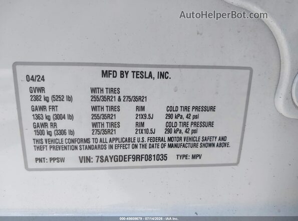 7SAYGDEF9RF081035 2024 TESLA MODEL Y Белый Вид подкапотного пространства