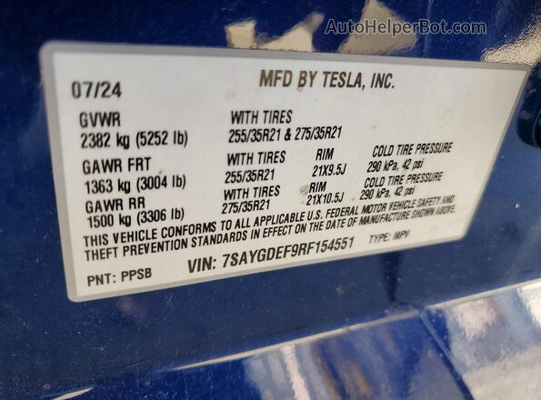 7SAYGDEF9RF154551 2024 TESLA MODEL Blue ძრავის განყოფილების ხედი
