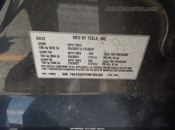 7SAYGDEFXNF405460 2022 TESLA MODEL Y Gray Engine compartment view