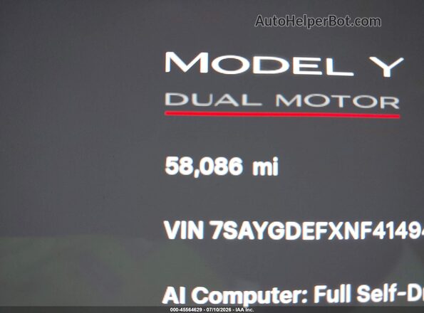 7SAYGDEFXNF414949 2022 TESLA MODEL Y Blue Vista interior de 360 grados