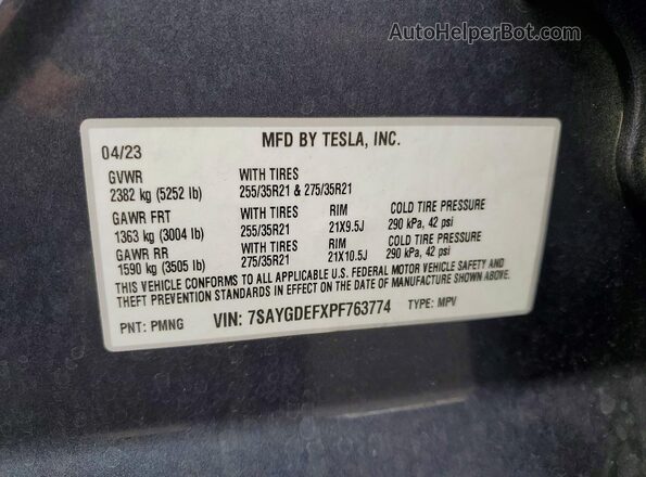 7SAYGDEFXPF763774 2023 TESLA MODEL Black Vista de la etiqueta del VIN