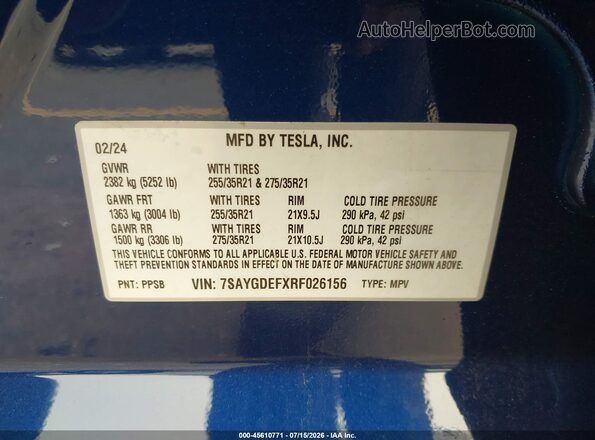 7SAYGDEFXRF026156 2024 TESLA MODEL Y Blue Vista del compartimento del motor