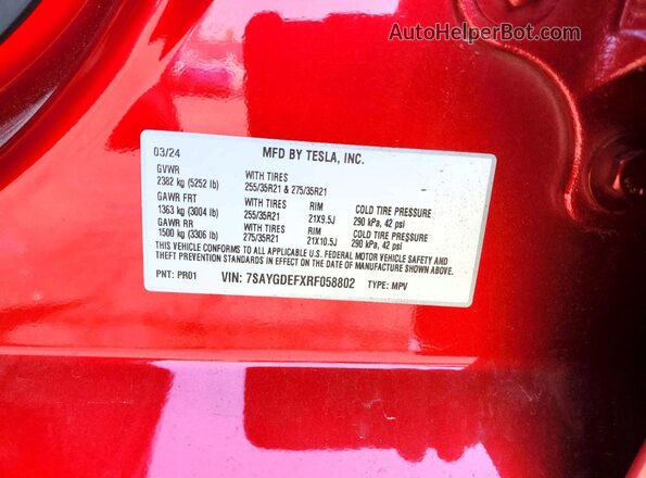7SAYGDEFXRF058802 2024 TESLA MODEL Burgundy VIN կոդի պիտակի տեսք