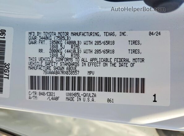 7SVAAABA7RX038557 2024 TOYOTA SEQUOIA White VIN sticker view