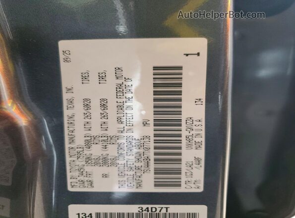7SVAAABA7TX077138 2026 TOYOTA SEQUOIA Gray VIN կոդի պիտակի տեսք
