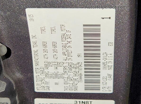 7SVAAABA7TX078435 2026 TOYOTA SEQUOIA Charcoal Vista de la etiqueta del VIN
