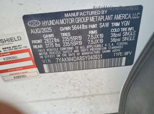 7YAKM4DA8SY040931 2025 HYUNDAI IONIQ White VIN sticker view