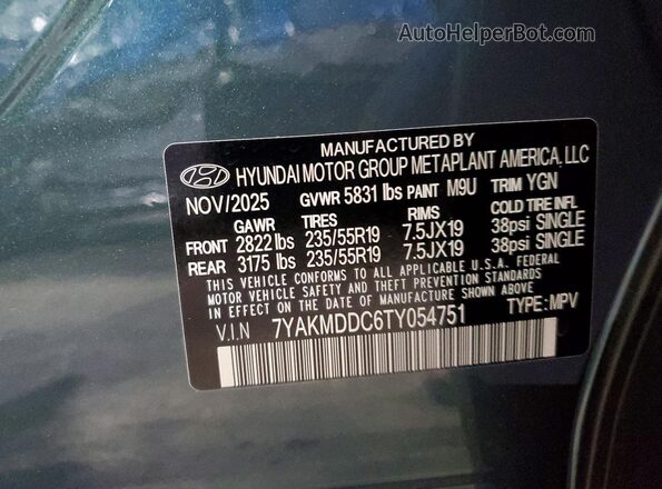 7YAKMDDC6TY054751 2026 HYUNDAI IONIQ Green VIN կոդի պիտակի տեսք