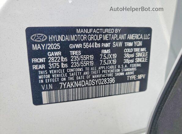 7YAKN4DA0SY028396 2025 HYUNDAI IONIQ White Widok naklejki z numerem VIN