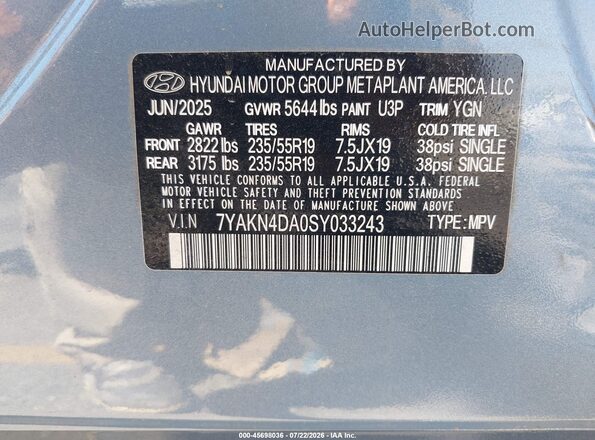7YAKN4DA0SY033243 2025 HYUNDAI IONIQ 5 Light Blue VIN sticker view