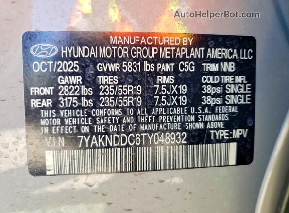 7YAKNDDC6TY048932 2026 HYUNDAI IONIQ Silver Vista de la etiqueta del VIN