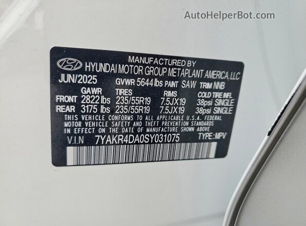 7YAKR4DA0SY031075 2025 HYUNDAI IONIQ White VIN კოდის სტიკერის ხედი