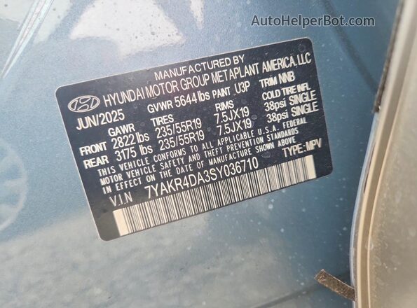7YAKR4DA3SY036710 2025 HYUNDAI IONIQ Blue Vista de la etiqueta del VIN