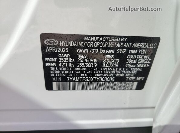 7YAMTFS3XTY003005 2026 HYUNDAI IONIQ White Vista de la etiqueta del VIN