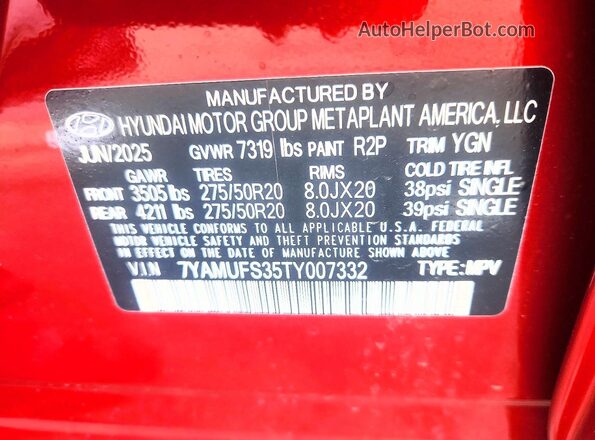 7YAMUFS35TY007332 2026 HYUNDAI IONIQ Red VIN կոդի պիտակի տեսք
