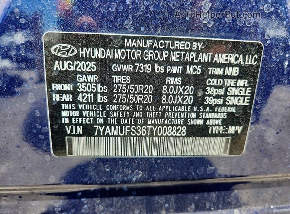 7YAMUFS36TY008828 2026 HYUNDAI IONIQ Blue Widok naklejki z numerem VIN
