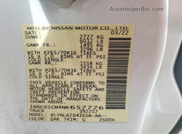 1N6ED1CM4NN657776 2022 NISSAN FRONTIER White VIN კოდის სტიკერის ხედი