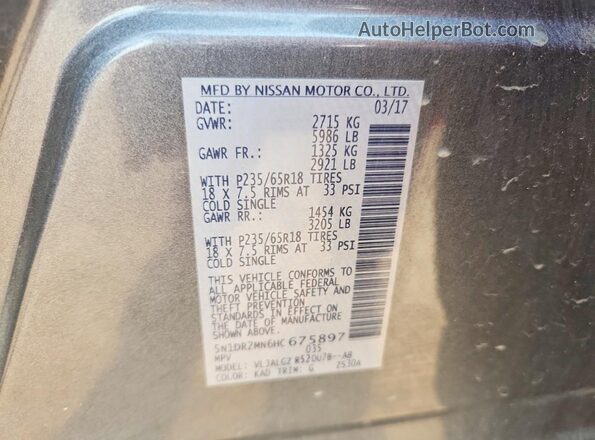 5N1DR2MN6HC675897 2017 NISSAN PATHFINDER Gray Widok wnętrza 360 stopni