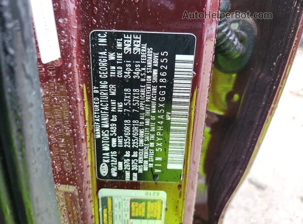 5XYPH4A5XGG186255 2016 KIA SORENTO Темно-бордовый Панорамный вид салона 360°