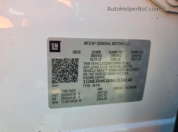 1GNERHKW4KJ134140 2019 CHEVROLET TRAVERSE White სალონის 360-გრადუსიანი ხედი