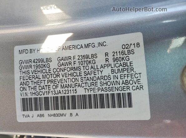 1HGCV1F13JA123115 2018 HONDA ACCORD Silver VIN კოდის სტიკერის ხედი
