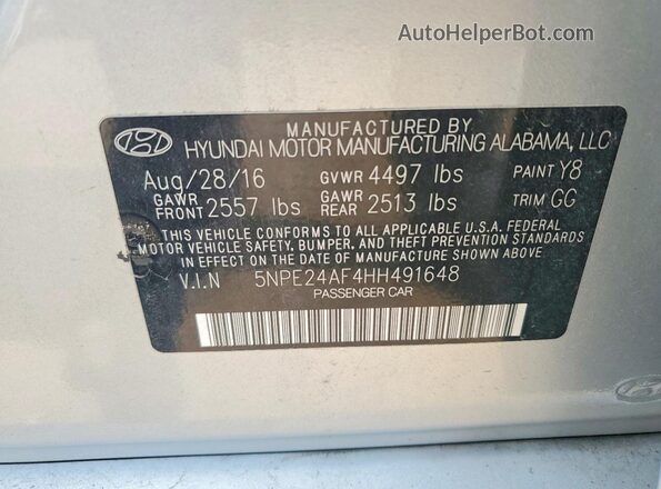 5NPE24AF4HH491648 2017 HYUNDAI SONATA Silver VIN sticker view