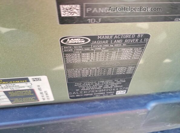 SALEK7RX9M2044378 2021 LAND ROVER DEFENDER Green Vista de la etiqueta del VIN